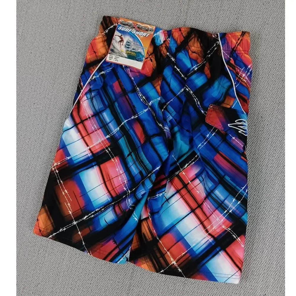 ZeroXposur Swim Trunks Boys Large 14-16 Red/Blue Pattern Drawstring Lined UPF50+